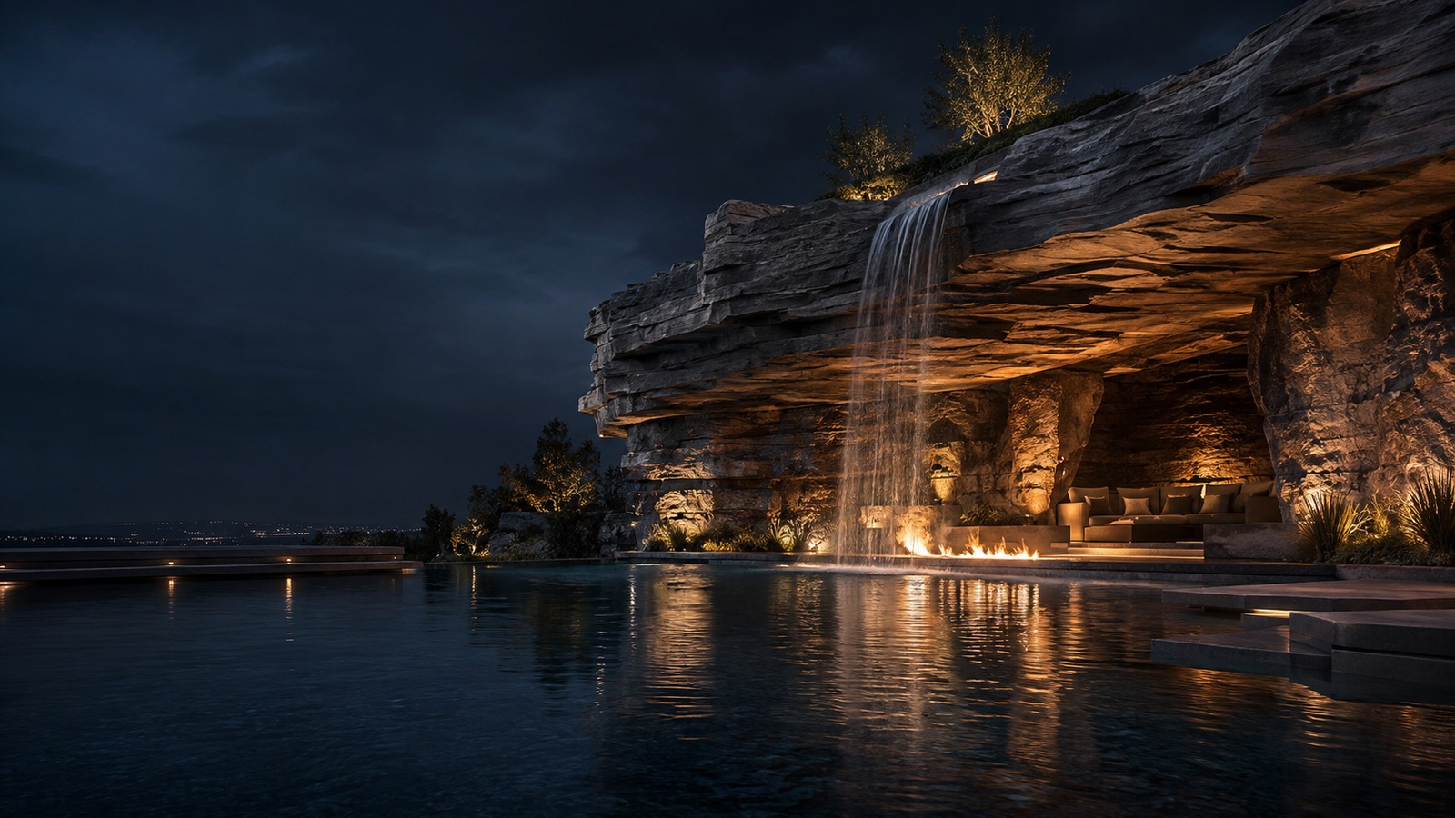 Luxury grotto environment with water and sculpted stone